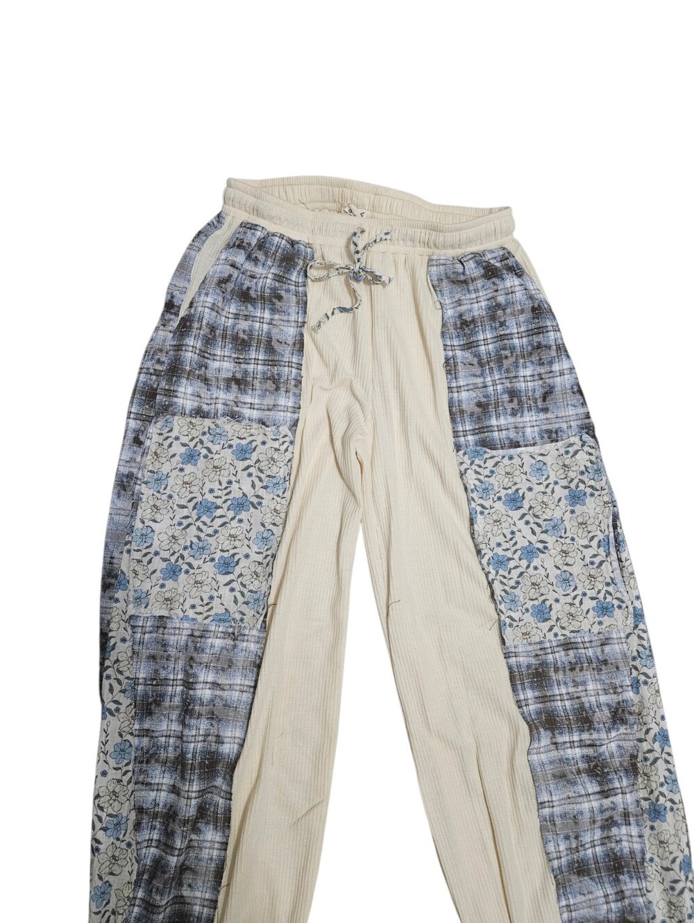 POL Boho Blue Cream Plaid Floral Cotton Jogger Pants NEW - Picture 2 of 6